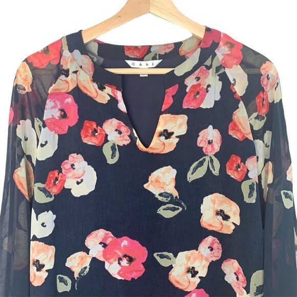 Cabi Navy and Floral Semi Shear Long Sleeve Top - Picture 2 of 8